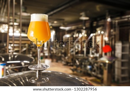 A glass of hazy IPA beer standing on a tank in a functional brewery Royalty-Free Stock Photo #1302287956