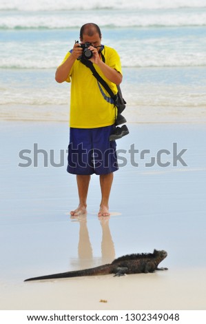 A male photographer with a marine iguana, Galapagos Islands, Ecuador