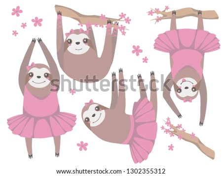 Vector illustration collection of isolated funny girlish cartoon style ballerina sloths with pink tutus  