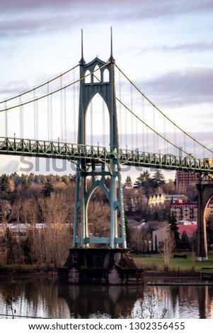 The Saint John's Bridge in Portland, Oregon at sunset. 
