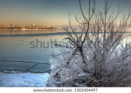 Panoramic Canadian winter landscape near Toronto, beautiful frozen Ontario lake at sunset. Scenery with winter trees, water and blue sky.