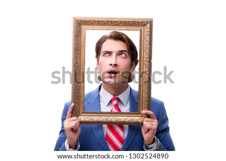 Elegant businessman with picture frame isolated on white 