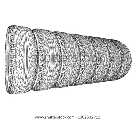 Car tires concept. Vector rendering of 3d. Wire-frame style. The layers of visible and invisible lines are separated