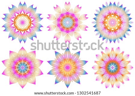 Set of Design With Floral Mandala Ornament. Vector Illustration. For Coloring Book, Greeting Card, Invitation, Tattoo. Anti-Stress Therapy Pattern. Rainbow color.