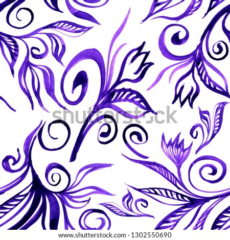 Purple flowers seamless pattern watercolor on white background

