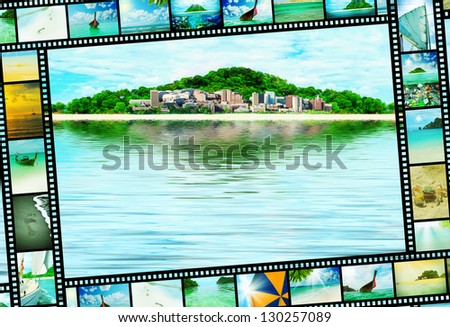 Film strip with beautiful holiday pictures of tropical beach