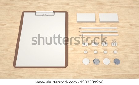 Branding mockup. Clipboard with sheet of paper, business cards, binder clips, badges and pencils. 3D rendering illustration.