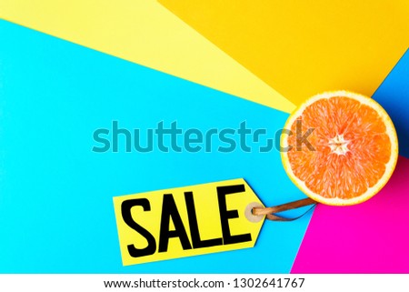 summer vacation, travel, tropical beach, summertime holidays seasonal sale, shopping. special offer, discount symbol. price tag and half of orange on multicolored background, shopping banner template