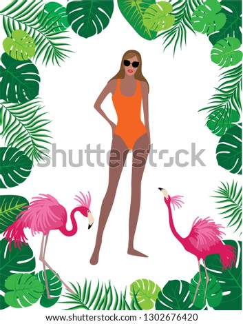 Vector fashion illustration of modern pretty trendy girl in red bikini on background with tropical palm leaves and pink flamingo. Summer holiday collection. Flat graphic
