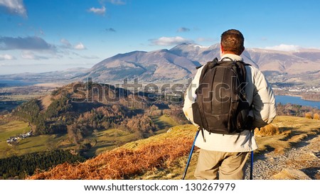 Fell walking on catbells mountain in the Lake District with a scenic panorama view of Derwentwater lake and Keswick in the background Royalty-Free Stock Photo #130267979