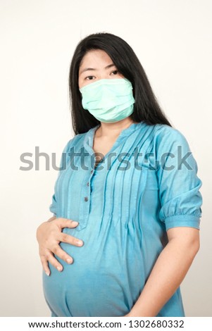 Pregnant women wear a health mask on a white background.