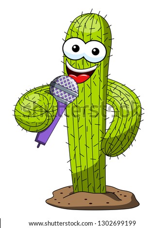Cactus cartoon funny character vector microphone speaker singing isolated on white