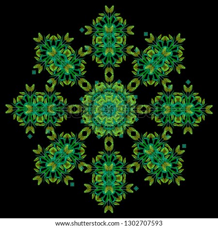 Fine art floral decorative and symmetrical fractal color pattern made from macros of yellow bright green tulips on black background in vintage painting style