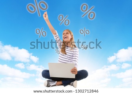  excited teen gir celebrating success with one arm raised over blue sky background with percentage icons