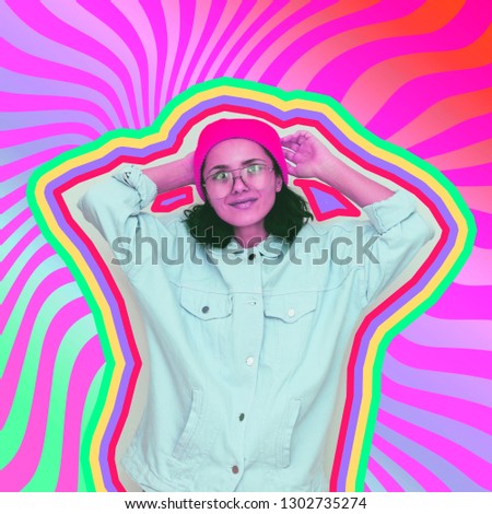 Collage poster art of fashion pretty alien girl in sunglasses, denim jacket and beanie hat on geometry background