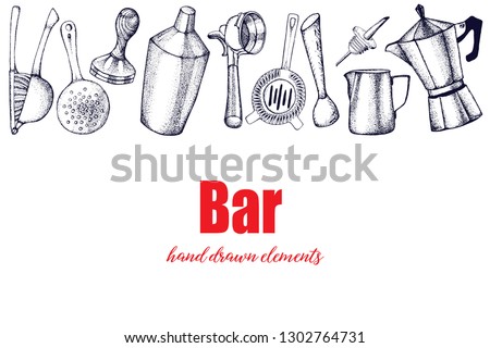 Bartender equipment for making cocktail.Hand drawn illustration.Bar tools. Bar accessories.Stirring spoon, knife,juicer,muddler,pitcher,jigger,strainer,shaker.