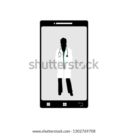Illustration of mobil phone with doctor icon. Vector silhouette on white background. Symbol of telephone, cell phone, smartphone. Sign of medical, hospital, emergency.