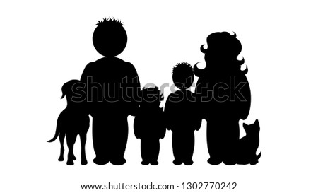 Illustration of family with animals icon. Vector silhouette on white background. Symbol of mother, father, son and daughter with dog and cat. Sign of person.