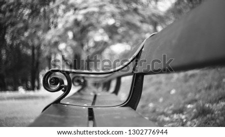 A row of park benches with an abstract background or unusual bokeh in black and whit on an autumn day.