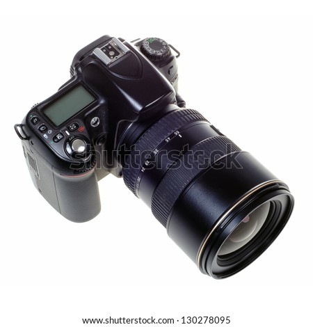 digital single lens reflex camera with zoom lense isolated on white background