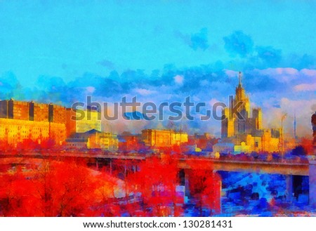 Digital structure of painting. Cityscape on river
