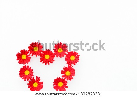 Valentine's Day heart handmade red flowers on white background