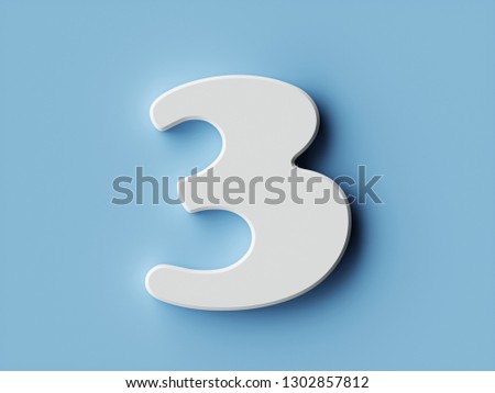 White paper digit alphabet character 3 three font. Front view number 3 symbol on a blue background. 3d rendering illustration