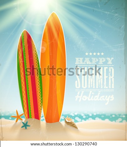 Vector holidays vintage design - surfboards on a beach against a sunny seascape Royalty-Free Stock Photo #130290740