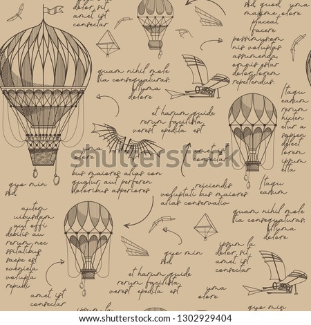 Air balloons seamless pattern. Vintage background. Leonardo da vinci style. Royalty-Free Stock Photo #1302929404
