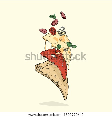 Vector hand drawn pizza slice. Fast food engraved style illustration.  Pizza layers concept in retro colors