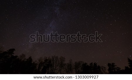 Beautiful night sky with Milky Way over forest. Night landscape.