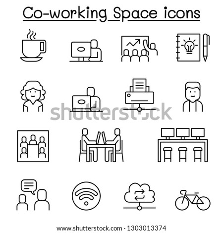 Co working space icon set in thin line style Royalty-Free Stock Photo #1303013374