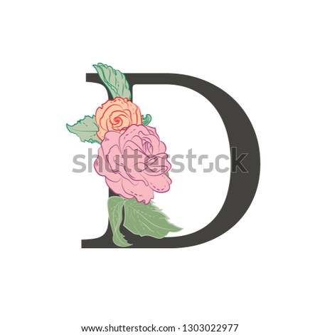 Letter D with flowers. Composition of the letter and floral elements on a white background. Illustration in vintage style in pastel colors.