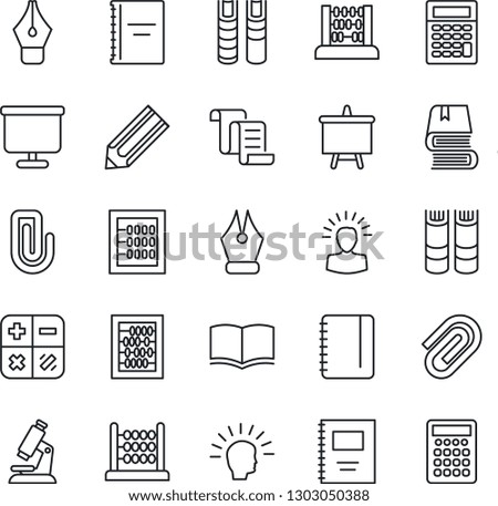 Thin Line Icon Set - contract vector, book, calculator, abacus, notepad, presentation board, pencil, microscope, copybook, paper clip, ink pen, shining head