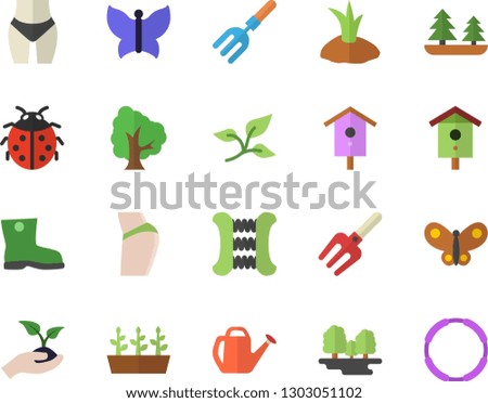Color flat icon set nesting box flat vector, tree, ladybird, pitchfork, seedlings, watering can, planting plants, gumboots, butterflies, leaf, forest, buttocks, waistline, carpal expander, hoop