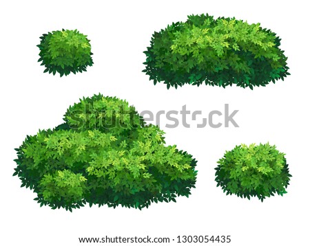 Set of green bush and tree crown of different shapes. Ornamental plant shrub for decorate of a park, a garden or a green fence. Thick thickets of shrubs. Foliage for spring and summer card design. Royalty-Free Stock Photo #1303054435