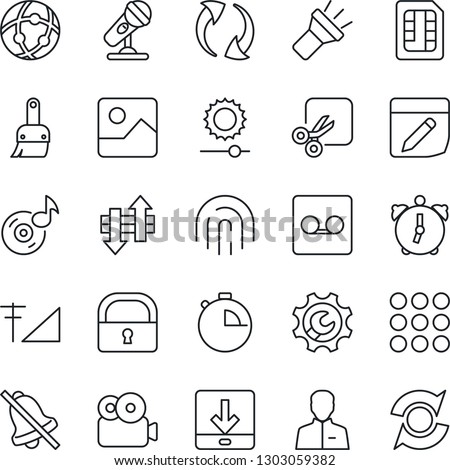 Thin Line Icon Set - microphone vector, menu, update, gallery, themes, user, alarm, stopwatch, record, sim, network, notes, data exchange, download, torch, mute, brightness, cut, lock, music, video
