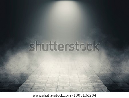 Background of empty room, street. Concrete floor, paving slabs. Neon light, smoke, smog