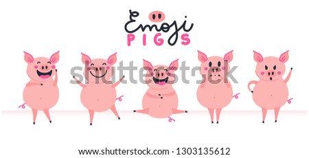 Cute pig cartoon character. Emoji pig character icon set with different emotions. Vector illustration.
