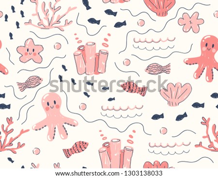 Cute sea life pattern. Vector illustration.