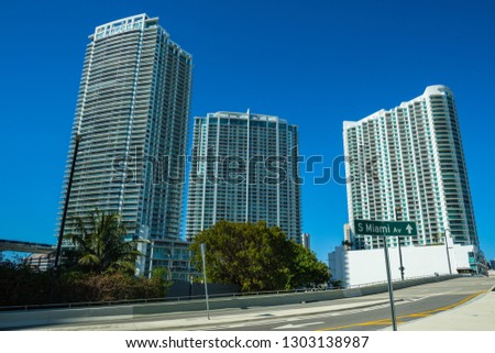 Skyline view of the popular Brickell area in downtown Miami along South Miami Avenue.