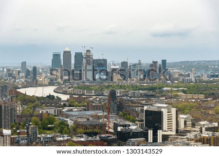 Skyline of eastern London with skyscrapers in the docklands