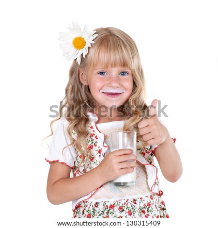 Little girl with milk mustache after drinking milk showing thumb up isolated on white background