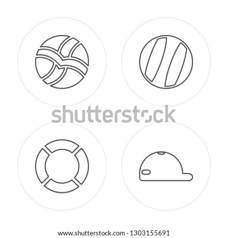 4 line Volleyball, Rubber ring, Beach ball, Cap modern icons on round shapes, Volleyball, Rubber ring, Beach ball, Cap vector illustration, trendy linear icon set.