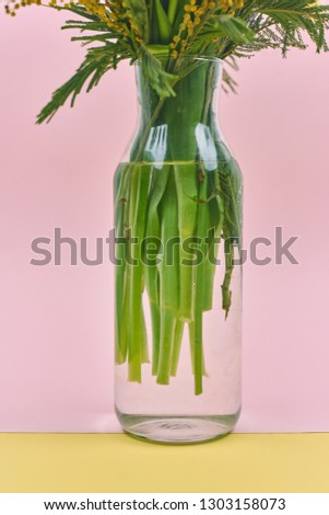 stems of spring flowers and branches of Mimosa in a glass vase on a pink background close-up.