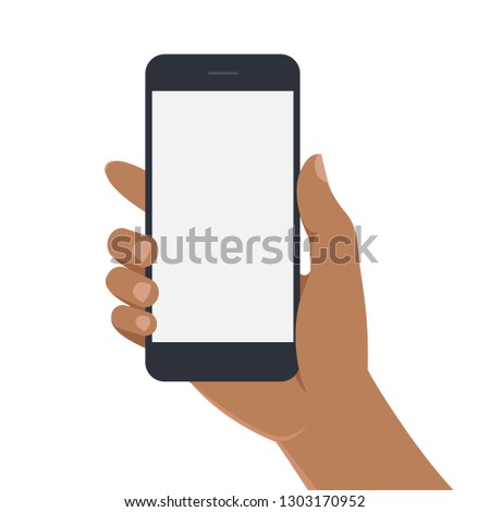 Female hand with dark skin holding smartphone with blank screen. Vector illustration on white background