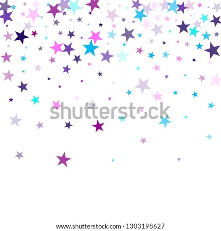 Flying stars confetti holiday vector in cyan blue violet on white. Surprise party decoration. Party stars pattern graphic design. Magical starry bright card decoration.