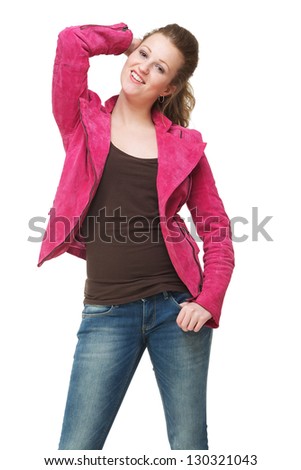 Portrait of a pretty girl posing with pink jacket against white background