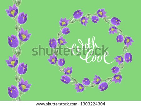Vector patterned brushes of snowdrop flowers on a green background and examples of their application in the form of a wreath of snowdrops. Design elements for cards, banners, wedding invitations and