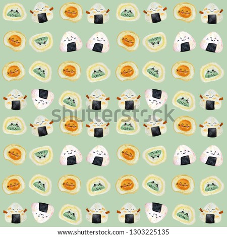 Watercolor pattern on pastel green background. Traditional Japanese food. Onigiri and mochi in kawai style with a smiling face and pink cheeks. Handwork. Perfect for printing on fabric, wrapping paper